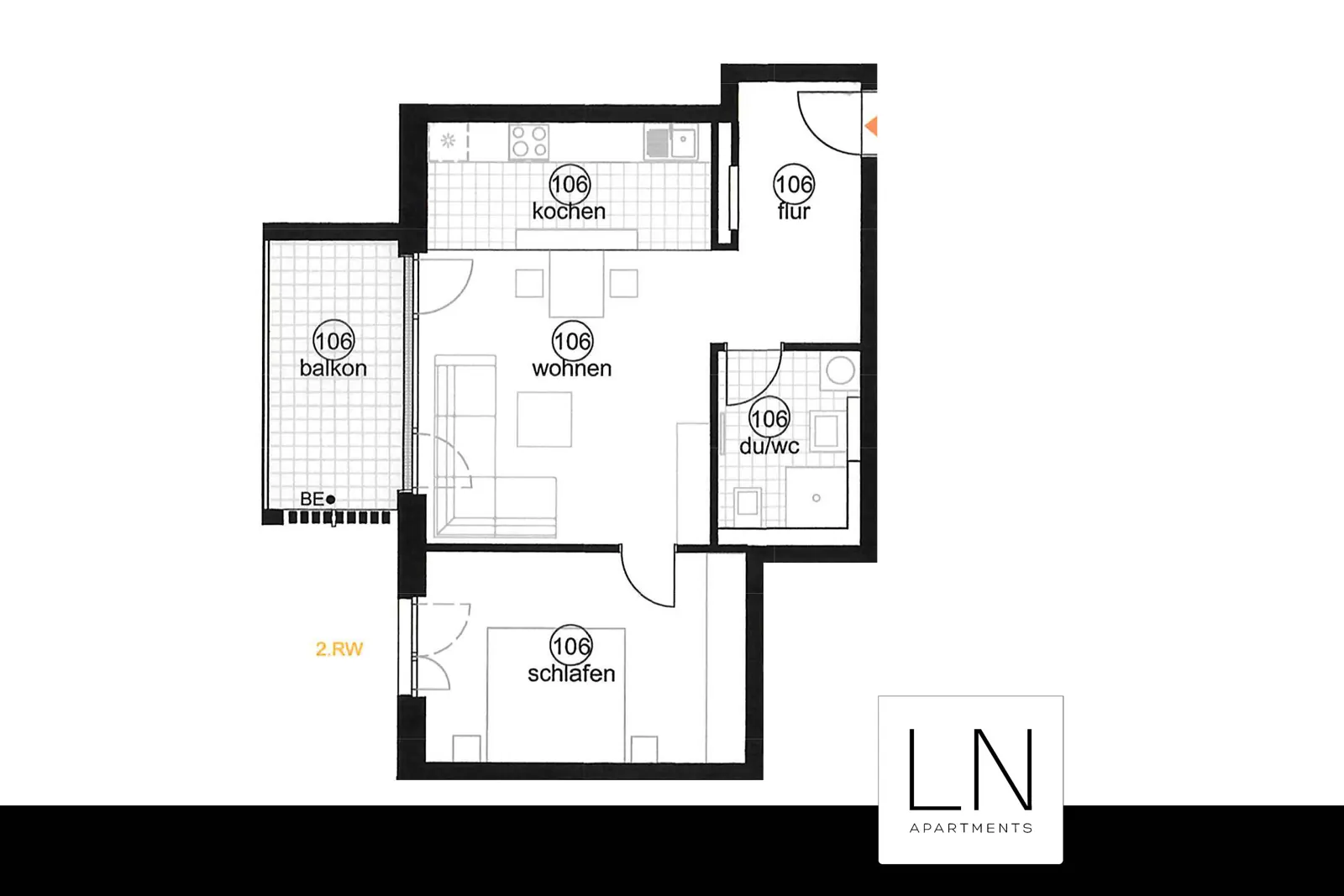 Grundriss Apartment Liam mit Küche, Wohnen, Schlafen, Bad, Flur und Balkon